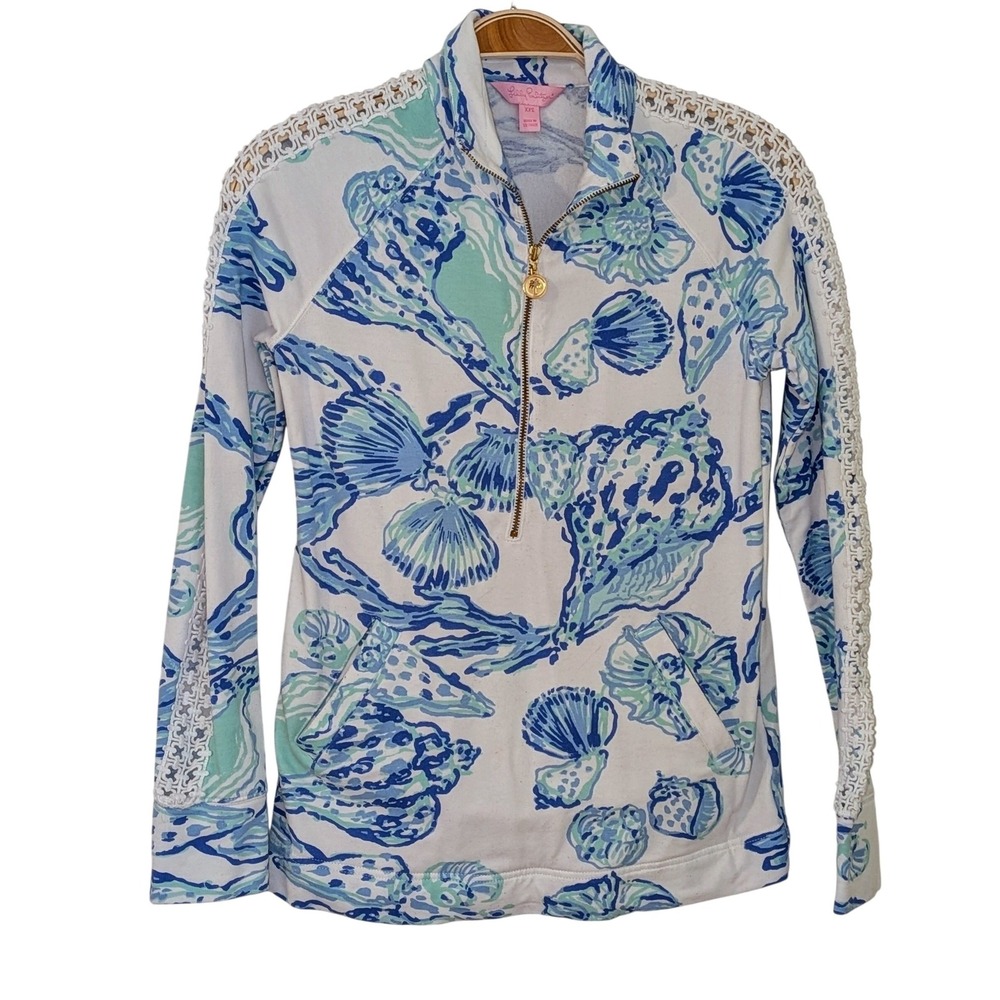 Lilly Pulitzer Skipper Popover XXS Blue‎ Green Seashell Lace Trim Quarter Zip